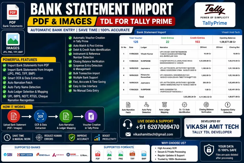Bank Statement Import TDL for Tally Prime | PDF & Image Import |   ₹0.40/Page | 3,000 Pages @ ₹1,000 | Unlimited ₹4,000/Year