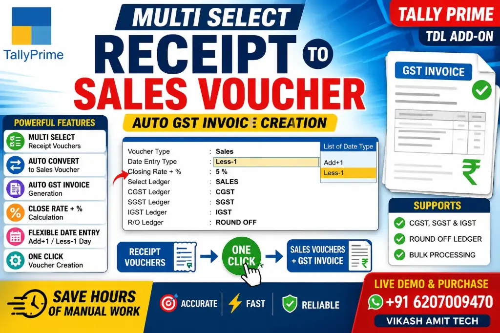 Tally Prime TDL | Multi Select Receipt to Sales Voucher | Auto GST Invoice Creation