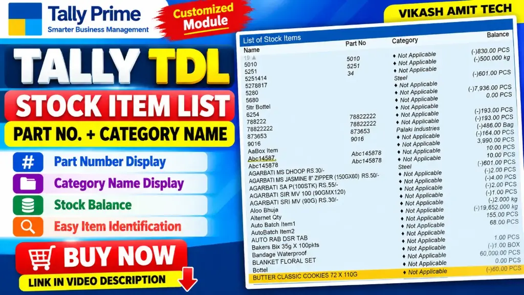Tally TDL Stock Item List Show on Part No & Category name